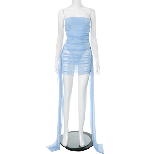 Fake two mesh strapless strapless pleated tight fitting dresses