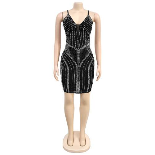 Strap bag arm short skirt rhinestone hot stamping dress