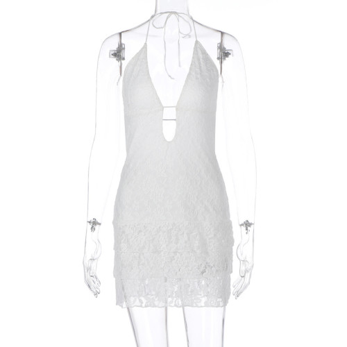 Hollow out lace neck hanging lace short skirt