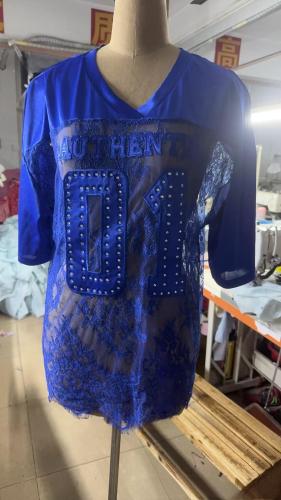 Printed loose perspective lace patchwork T-shirt short sleeved top