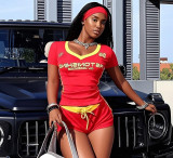Printed short sleeved V-neck top with lace up shorts set