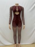 Strapless long sleeved pants, hollowed out knitted jumpsuit pants