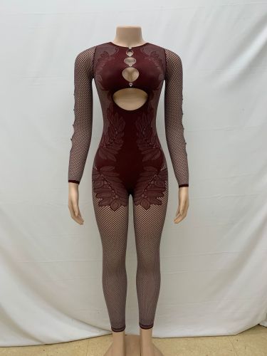 Strapless long sleeved pants, hollowed out knitted jumpsuit pants