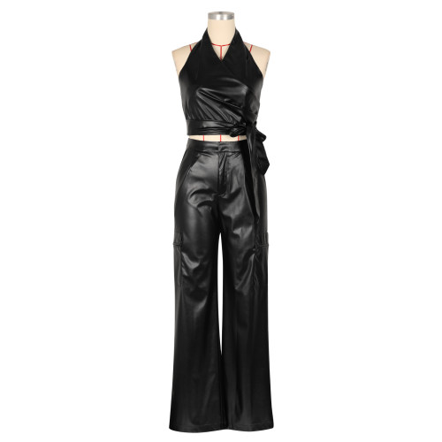 PU leather sleeveless hanging neck set, leather pants two-piece set