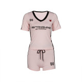 Printed short sleeved V-neck top with lace up shorts set