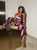 Color blocking printed top, vest, pants set