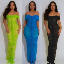 Pleated mesh ultra long dress
