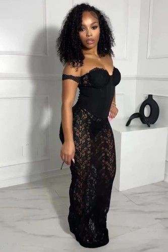 Strapless lace patchwork hollow jacquard micro transparent fishbone waist skirt set