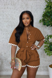 Lace cotton linen lapel tie waist cinching jumpsuit shorts