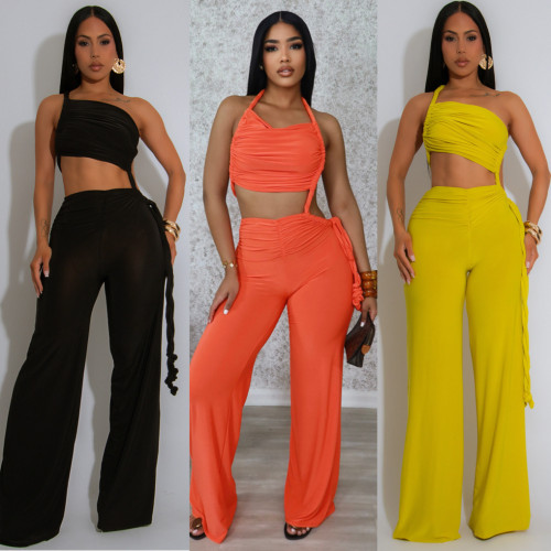 Hanging neck, strapless, pleated, tied rope wide leg jumpsuit