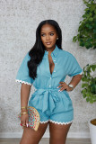 Lace cotton linen lapel tie waist cinching jumpsuit shorts