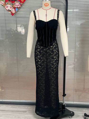 Strapless lace patchwork hollow jacquard micro transparent fishbone waist skirt set