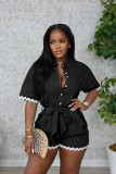 Lace cotton linen lapel tie waist cinching jumpsuit shorts