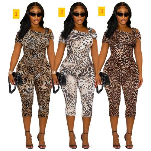 Irregular shoulder leopard print jumpsuit