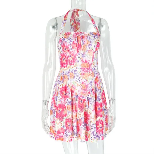 Printed and painted backless A-line skirt with hanging neck and one collar short skirt