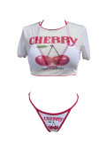 Printed top, mesh cover, split three piece swimsuit set