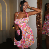 Printed and painted backless A-line skirt with hanging neck and one collar short skirt