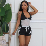Open navel hollow contrasting color backless strap vest shorts two-piece set