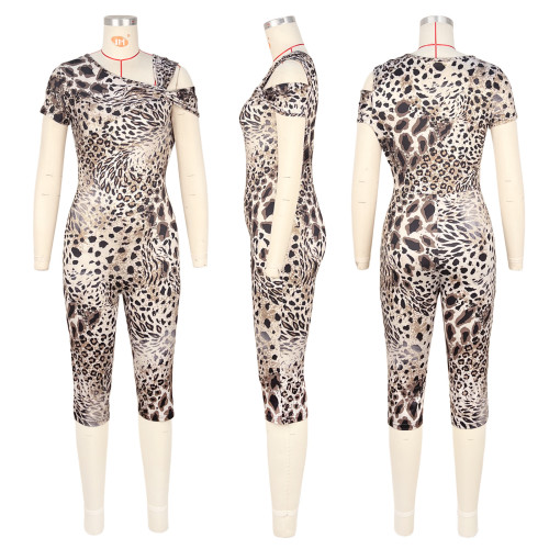 Irregular shoulder leopard print jumpsuit