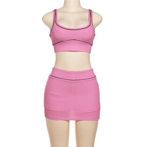 Umbilical vest, hip hugging short skirt set