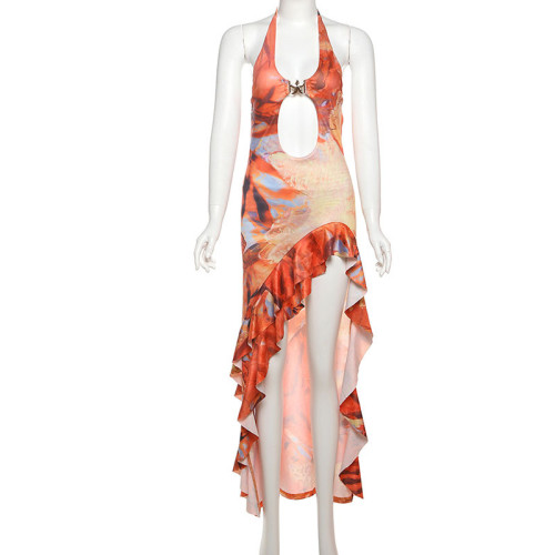 Hanging neck backless contrasting ruffle edge dress