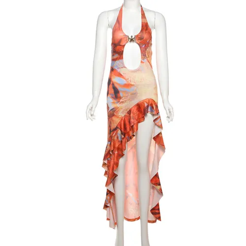 Hanging neck backless contrasting ruffle edge dress