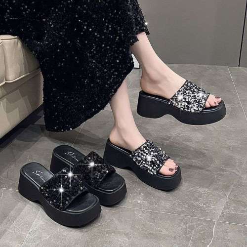 Thick bottomed sequined slope and waterproof platform anti slip slippers