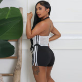 Open navel hollow contrasting color backless strap vest shorts two-piece set