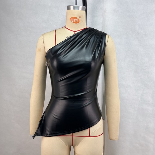 Women's single shoulder sleeveless vest with slanted collar zipper top