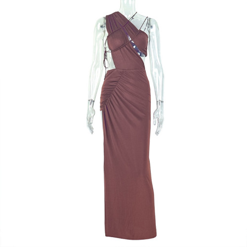 Open back slit irregular skirt, high neck long dress