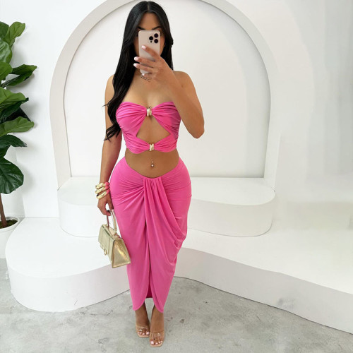 Hollow out backless strapless top, high waist split skirt set