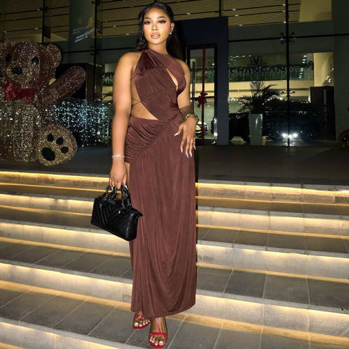 Open back slit irregular skirt, high neck long dress