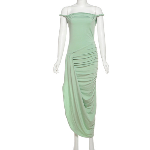 Backless one-piece collar pleated slit dress