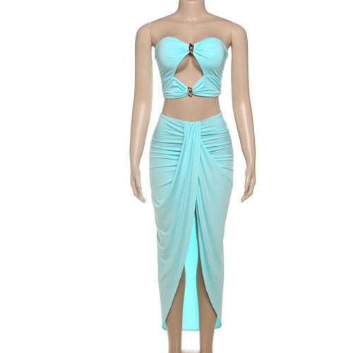 Hollow out backless strapless top, high waist split skirt set