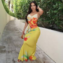Colorful floral print hanging neck, swinging collar, hip hugging long skirt