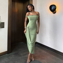 Backless one-piece collar pleated slit dress