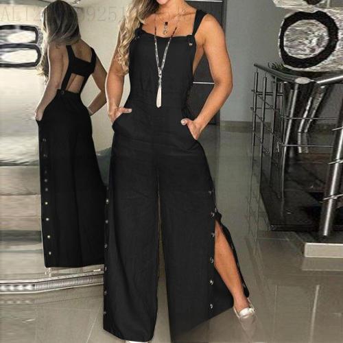 Sleeveless side pocket wide leg side button jumpsuit