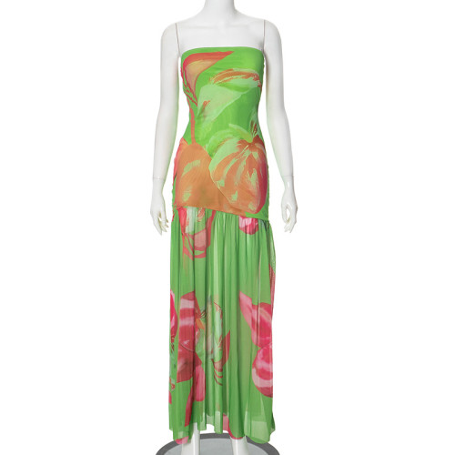 Strapless leopard print slit mesh patchwork dress