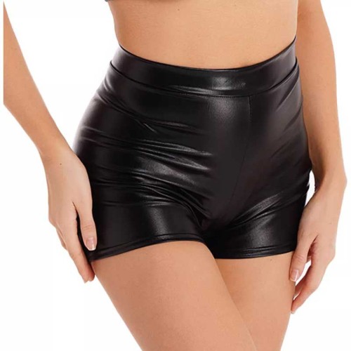 Shiny shorts, tight fitting lacquered leather bag, hip shorts