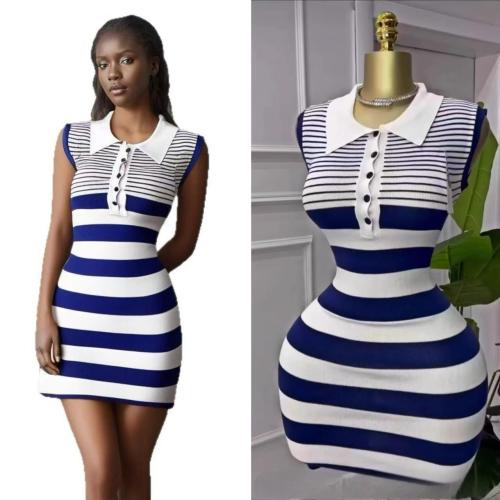 Striped lapel sleeveless mid length knitted dress