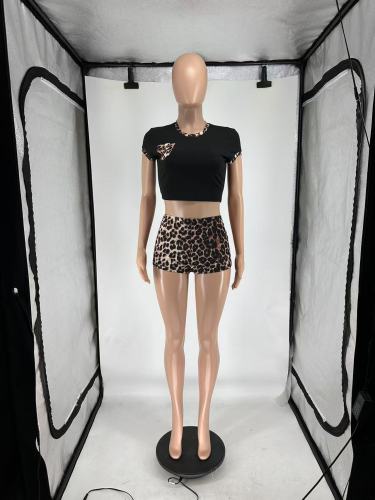 Leopard print round neck pocket mini short set