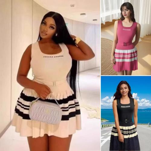 Striped U-neck sleeveless knit pleated jumpsuit short skirt