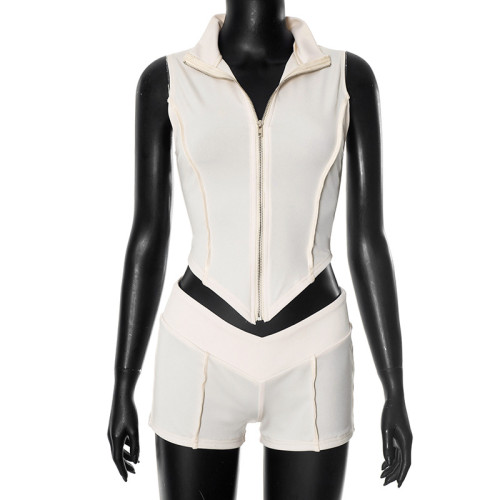Zipper lapel sleeveless crop top high waisted close fitting shorts set