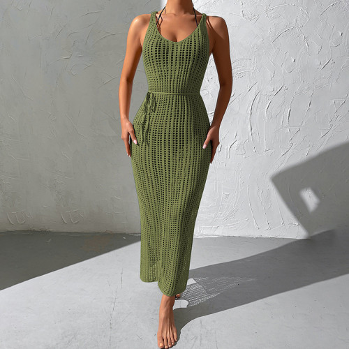 Strap Knitted Hollow Beach Skirt Open Back Split Dress Bikini Hoodie
