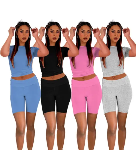 Short sleeved round neck flared shorts two-piece set