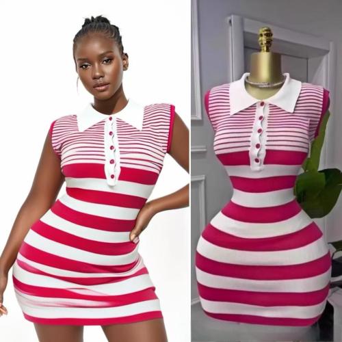Striped lapel sleeveless mid length knitted dress