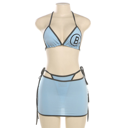 Strap printed vest, hip hugging skirt, bikini set
