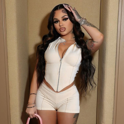 Zipper lapel sleeveless crop top high waisted close fitting shorts set
