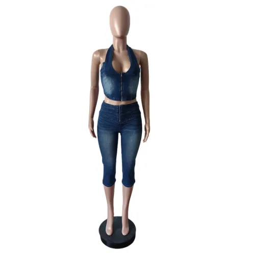 Strapless, neck tied, denim cropped pants set