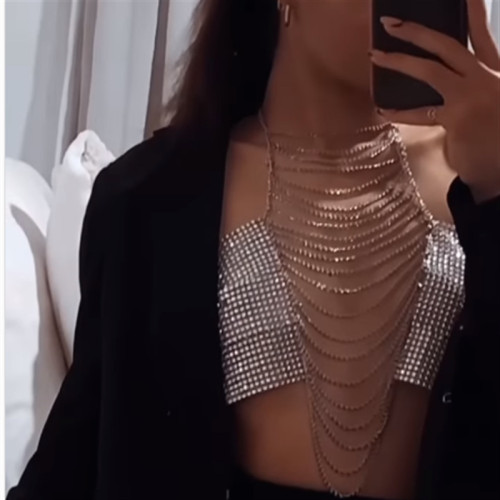Water diamond inlaid fabric tassel chain hanging neck top body chain